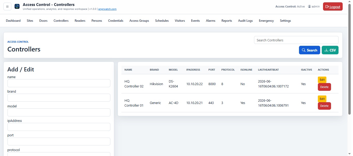 Access Control Controllers screenshot